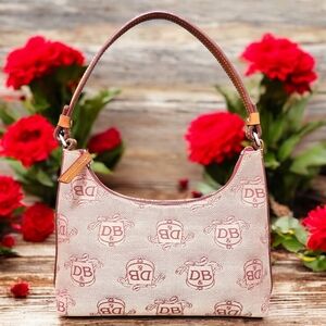 Vintage Dooney & Bourke Small Red and Tan Hobo Shoulder Bag Canvas & Leather